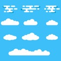 Clouds icon set. Different cloud shapes isolated on the blue sky background. Vector illustration. Royalty Free Stock Photo